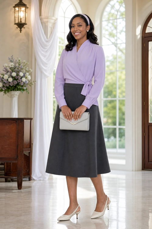 Lavender Wrap Blouse and Charcoal Midi Skirt A woman wears a lavender wrap blouse with a charcoal midi skirt, cream pointed heels, and a matching light clutch.