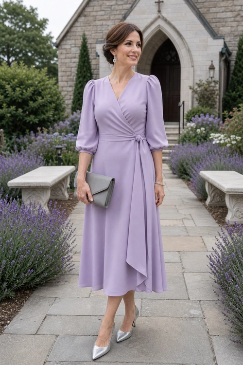 Woman wearing a lavender wrap-style midi dress with puff sleeves, a gray clutch, and silver pointed shoes.