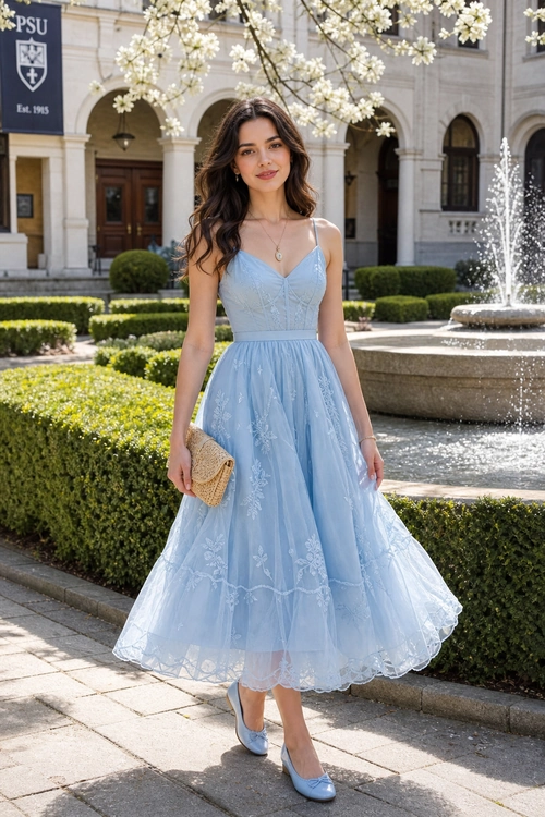 Light Blue Embroidered Midi Dress Woman wearing a light blue spaghetti-strap embroidered midi dress with blue flats and a woven beige clutch in a garden courtyard.