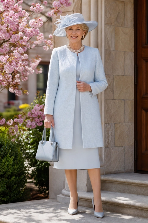 A woman wears a light blue coat, matching knee-length dress, wide-brim hat, pearl necklace, handbag, and pointed-toe pumps outside a home.