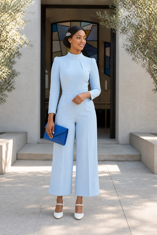 A woman wearing a light blue long-sleeve jumpsuit with wide-leg cropped trousers, white strap shoes, and a blue clutch.