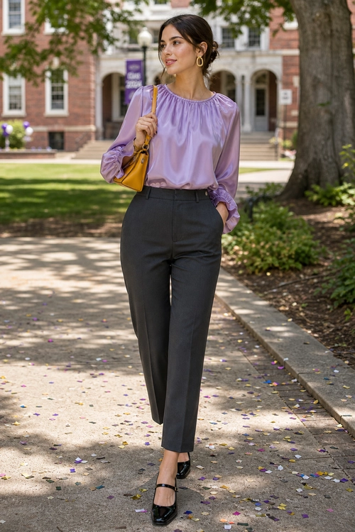 A woman wears a lilac long-sleeve blouse with charcoal tailored trousers, black strap shoes, gold hoop earrings, and a mustard yellow shoulder bag.