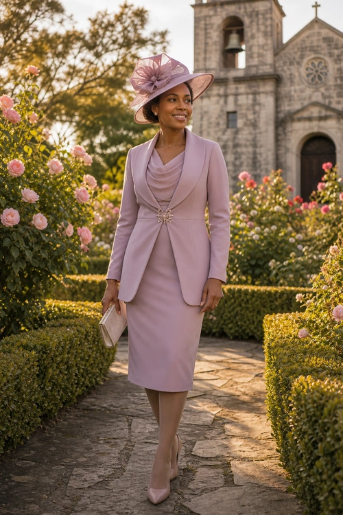 Lilac Tailored Garden Suit A woman wears a lilac tailored jacket and knee-length skirt with a matching wide-brim hat, draped neckline, brooch, clutch, and pointed pumps.