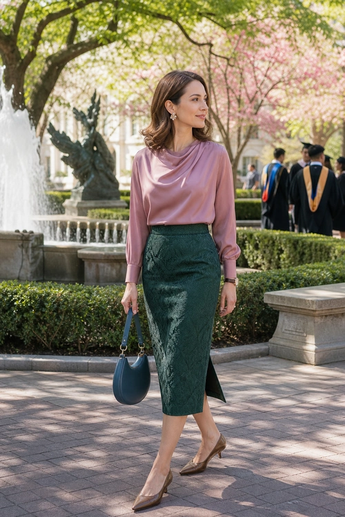 A woman wearing a mauve draped blouse, dark green pencil midi skirt, pointed pumps, and carrying a structured handbag outdoors.