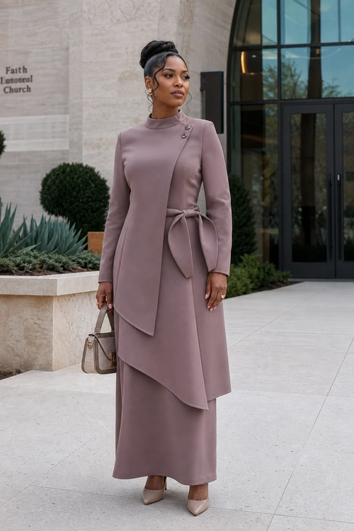 Woman wearing a mauve long-sleeved tie-waist dress with an asymmetrical overlay, pointed pumps, and a structured handbag.