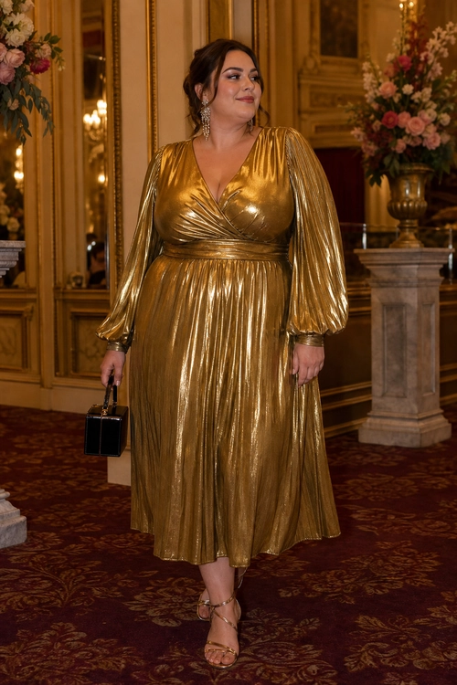 Metallic Gold Wrap Dress A woman wears a metallic gold long-sleeve wrap dress with strappy heels, drop earrings, and a small black handbag.