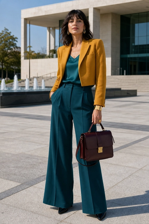 A woman wears a mustard cropped blazer over a teal top with matching wide-leg trousers, black pointed shoes, and a burgundy structured handbag.