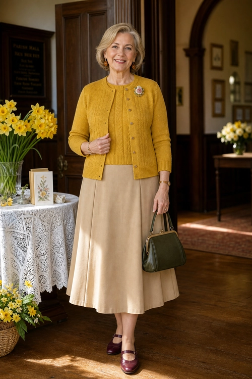 A woman wears a mustard knit cardigan with a brooch, beige midi skirt, burgundy Mary Jane shoes, and a dark green handbag.