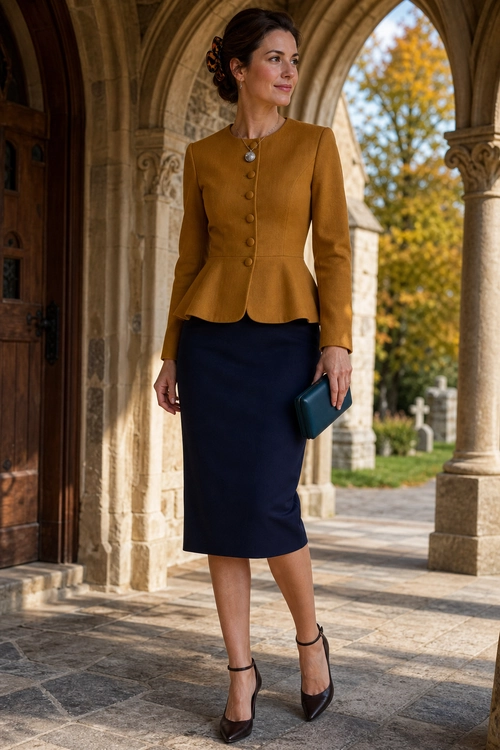 Woman wearing a mustard buttoned peplum jacket with a navy pencil skirt, dark pointed heels, and a teal clutch.