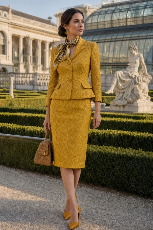 Mustard Jacquard Skirt Suit A woman wears a mustard jacquard blazer and matching knee-length skirt with a patterned neck scarf, pointed pumps, and a structured handbag.