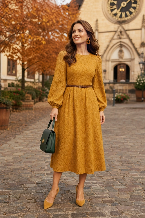 Mustard Midi Dress Outfit Woman wearing a mustard textured long-sleeve midi dress with a brown belt, mustard pointed heels, orange hoop earrings, and a dark green handbag.