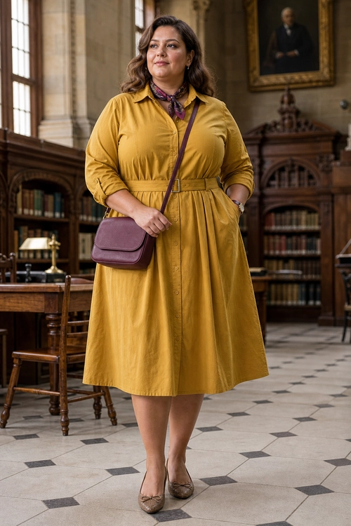A mustard yellow belted shirt dress styled with a burgundy neck scarf, matching crossbody bag, and taupe flats.