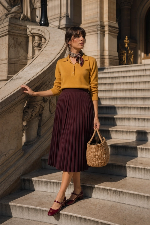 Mustard Sweater and Pleated Burgundy Skirt A mustard collared sweater paired with a burgundy pleated midi skirt, patterned neck scarf, woven handbag, and matching Mary Jane shoes.