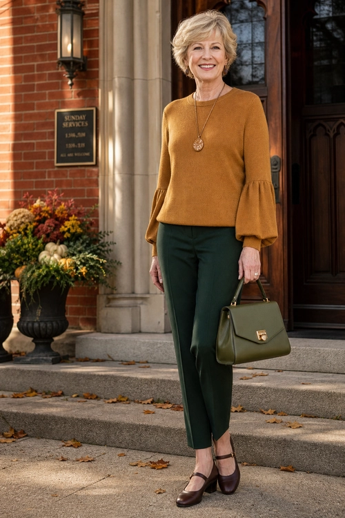 A woman wears a mustard bell-sleeve sweater with dark green trousers, brown Mary Jane shoes, and a structured olive handbag.