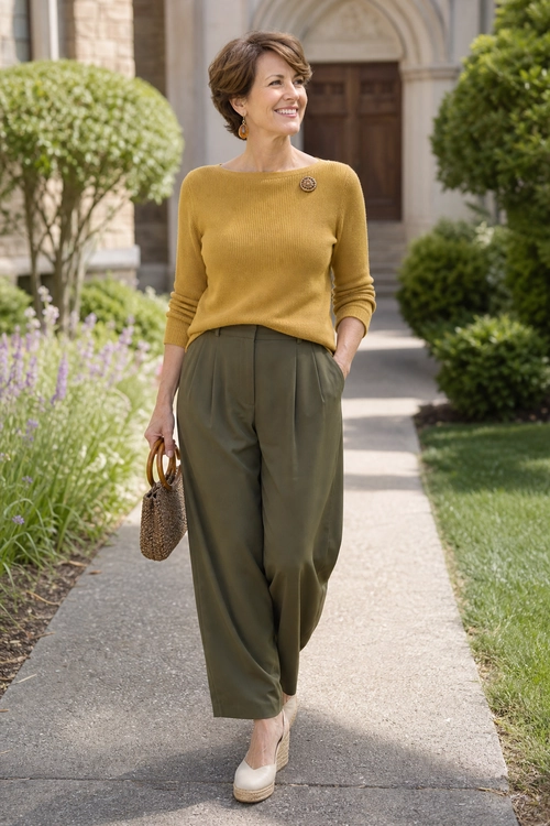 Mustard Sweater and Olive Trousers Outfit A woman wears a mustard knit sweater with olive wide-leg trousers, beige shoes, and a woven handbag while walking through a garden.