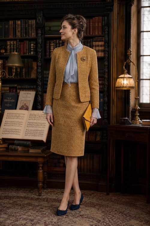 A woman wears a mustard tweed jacket and knee-length skirt with a pale blue bow blouse, navy flats, and a matching mustard clutch.