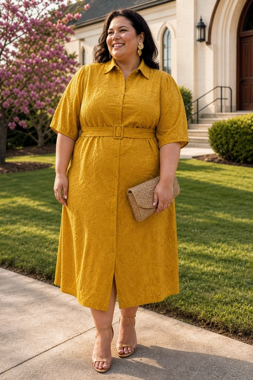 A woman wearing a mustard yellow belted shirt dress with nude strappy sandals, gold earrings, and a woven clutch.