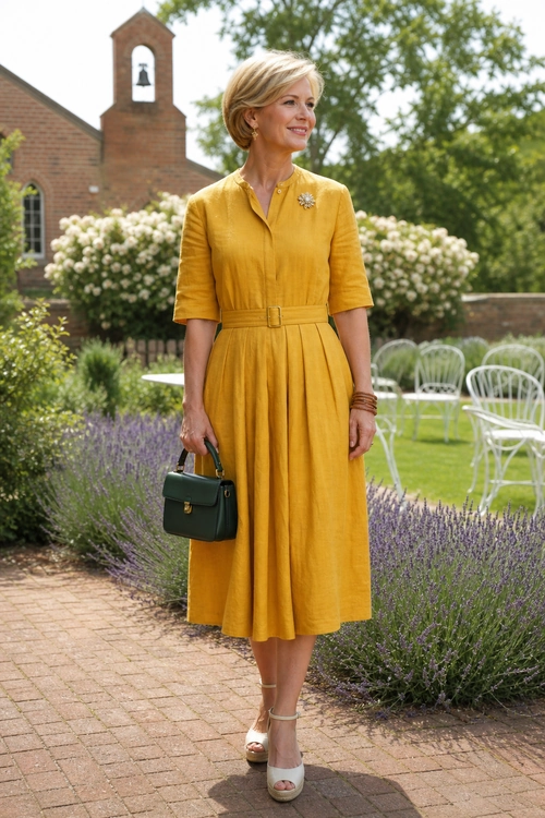 A woman wears a mustard yellow belted midi shirt dress with a floral brooch, green handbag, bracelets, and open-toe platform sandals.