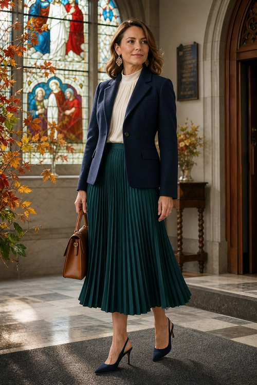 A woman wears a navy blazer over a cream pleated blouse with a dark teal pleated midi skirt, navy pointed-toe heels, and a brown leather handbag.