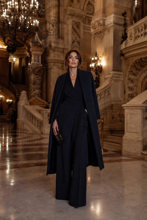 Elegant Navy Cape Jumpsuit A woman wears a dark navy wrap-style jumpsuit with wide-leg trousers, a long cape coat, and a small black clutch.