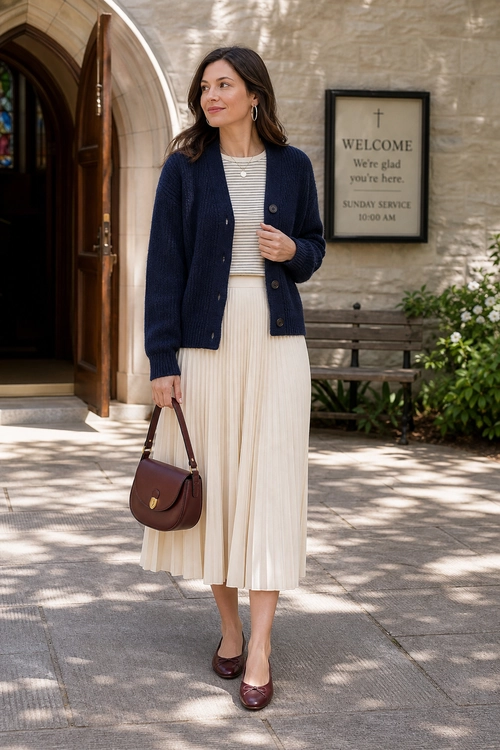 Navy Cardigan with Cream Pleated Midi Dress Woman wearing a navy cardigan over a cream striped pleated midi dress with burgundy flats and a brown shoulder bag.