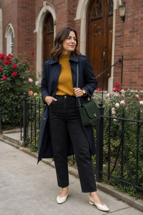 Woman wearing a navy long coat over a mustard turtleneck with black cropped jeans, cream flats, and a dark green shoulder bag.