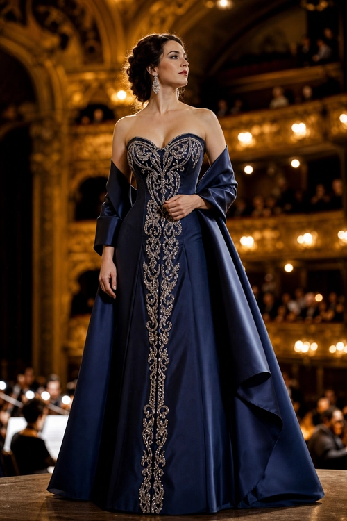 A woman wears a floor-length navy evening gown with ornate silver embellishment and a matching draped shawl.
