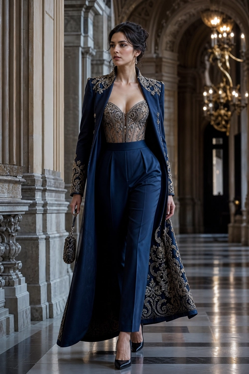 A woman wears a navy embroidered long coat over an ornate corset-style top with high-waisted tailored trousers and pointed heels.