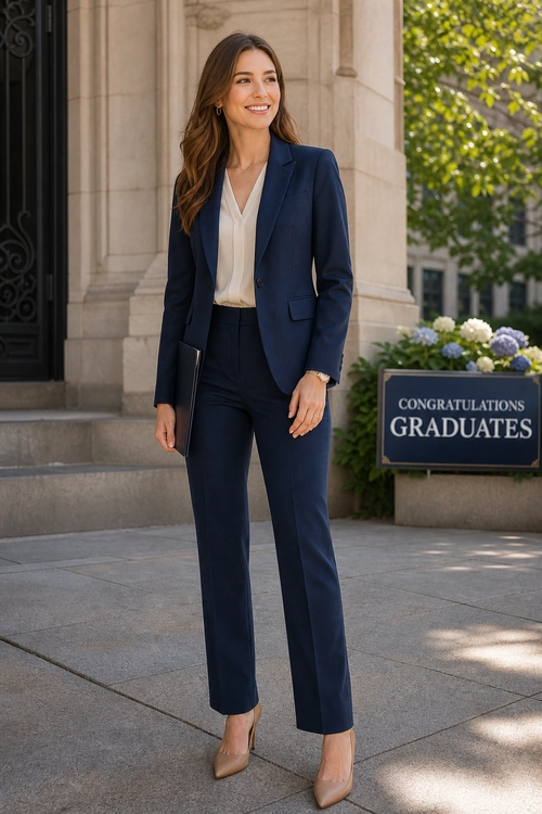 A woman wears a navy blazer and matching trousers with an ivory blouse and nude pointed-toe pumps.