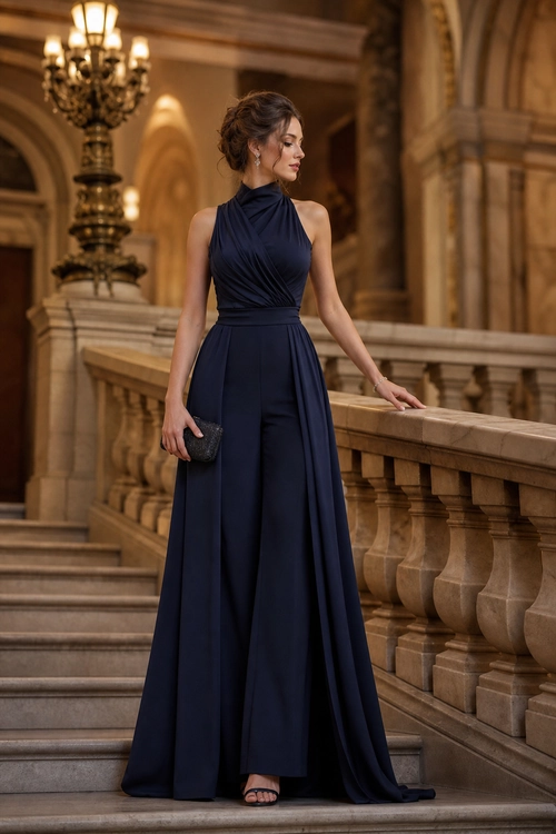 A woman wears a floor-length navy halter-neck gown with a draped bodice, black clutch, earrings, and strappy sandals.
