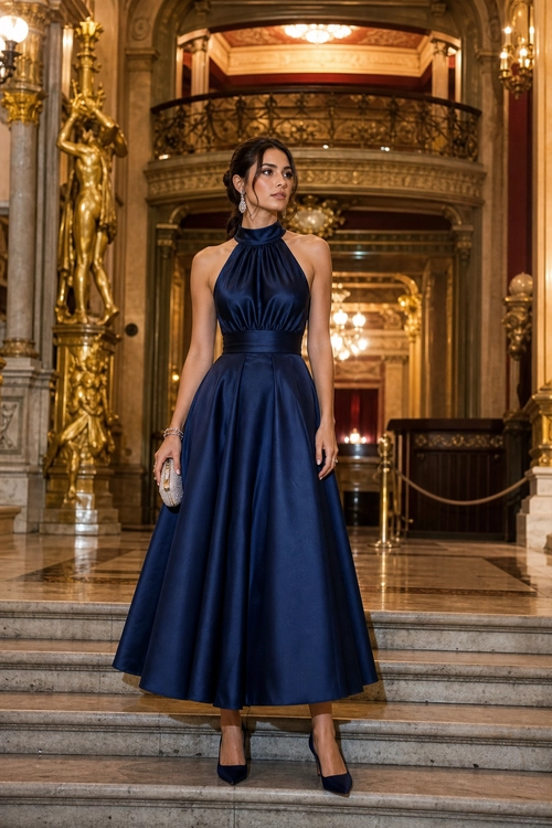 A woman wears a navy satin halter midi dress with pointed heels and carries a small silver clutch.