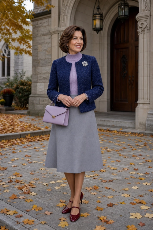 A polished outfit featuring a navy textured jacket, lavender blouse, gray midi skirt, burgundy Mary Jane shoes, and a lavender handbag.