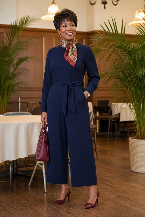 A woman wears a navy long-sleeve belted jumpsuit with a patterned neck scarf, burgundy handbag, and burgundy pointed-toe heels.
