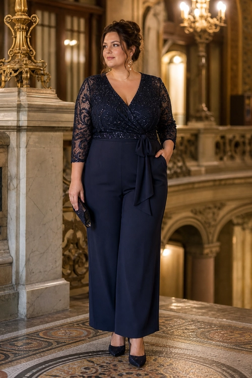 Navy Lace Jumpsuit A woman wears a navy wide-leg jumpsuit with a lace V-neck bodice, waist tie, clutch, drop earrings, and pointed pumps.