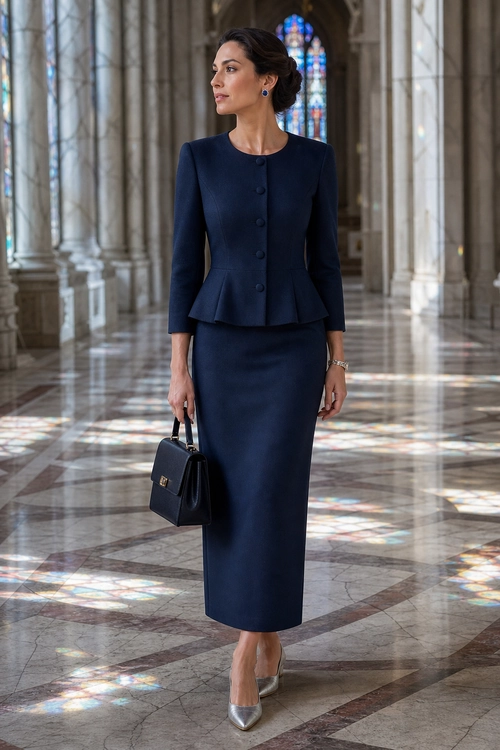 Navy Peplum Suit Outfit A woman wears a navy long-sleeved peplum jacket with a matching midi pencil skirt, silver pointed heels, and a structured handbag.