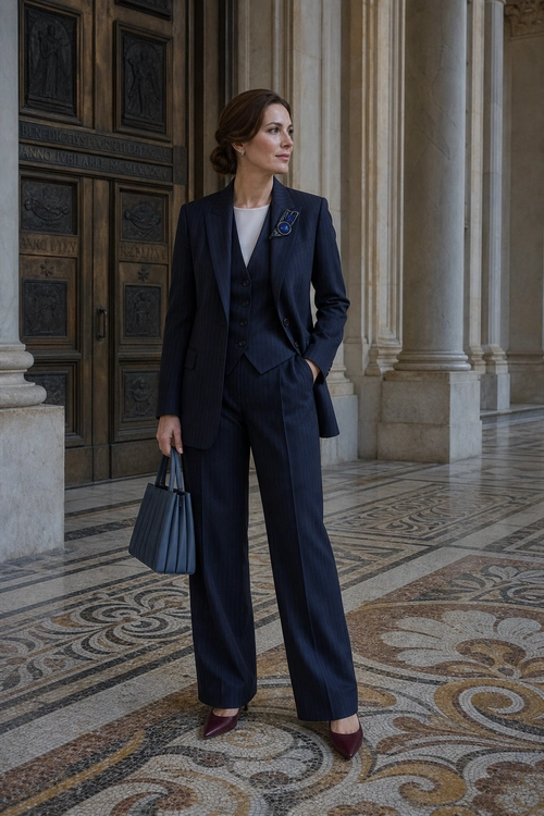 Navy Pinstripe Three-Piece Suit A tailored navy pinstripe suit with a waistcoat, white top, burgundy pointed heels, and a structured handbag.