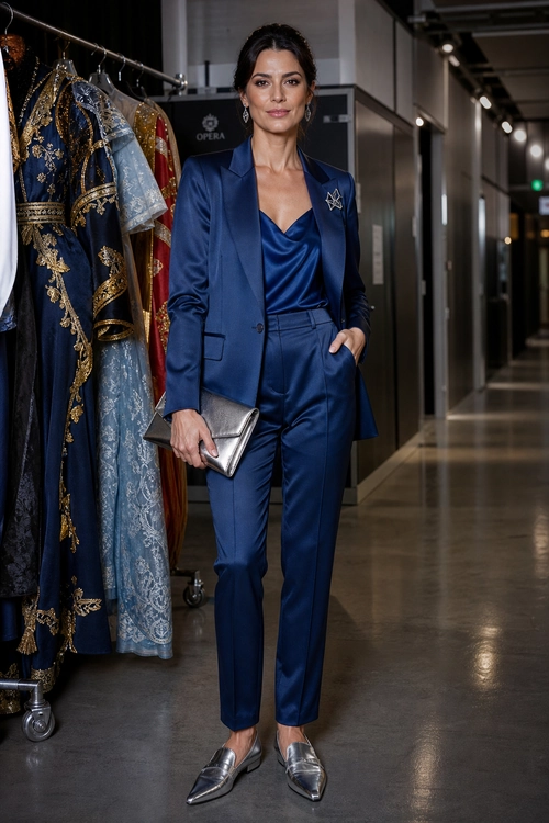 A tailored navy suit styled with a draped satin top, metallic pointed loafers, a silver clutch, and a star-shaped brooch.