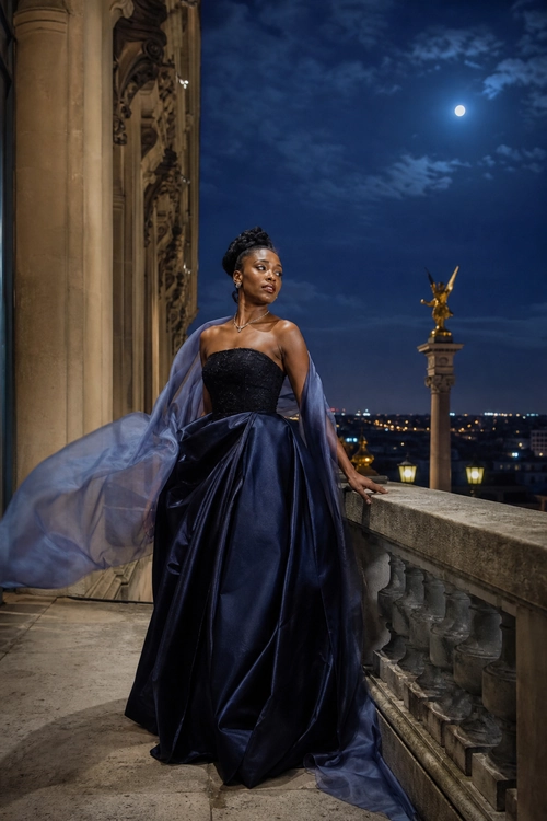 A woman wears a strapless dark navy evening gown with a full satin skirt and a sheer blue-violet shawl.