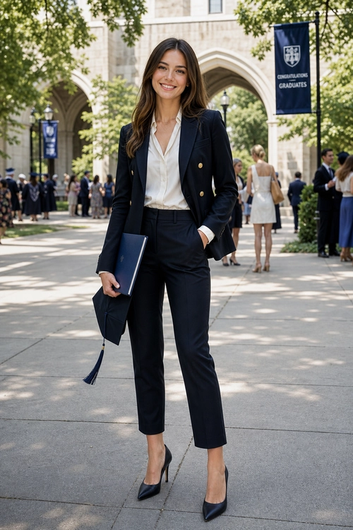 Navy Suit Graduation Style A woman wearing a navy blazer, white blouse, tailored trousers, and pointed-toe heels while holding a graduation cap and folder outdoors.
