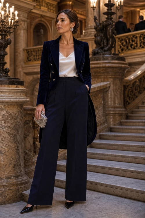 A woman wears a navy blazer and wide-leg trousers with a white blouse, black pointed heels, and a silver clutch.