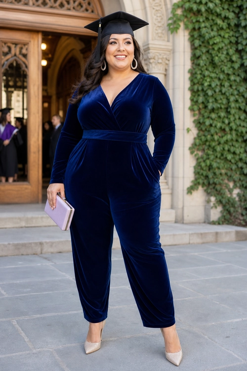 Navy Velvet Graduation Jumpsuit A woman wears a navy velvet wrap-front jumpsuit with nude pointed-toe heels, a light clutch, hoop earrings, and a graduation cap.