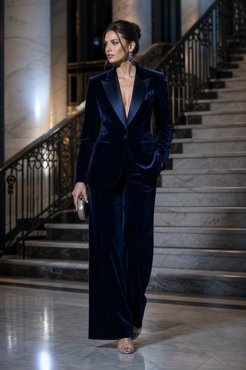 A woman wears a navy velvet tuxedo blazer with wide-leg trousers, blue drop earrings, a silver clutch, and metallic strappy heels.