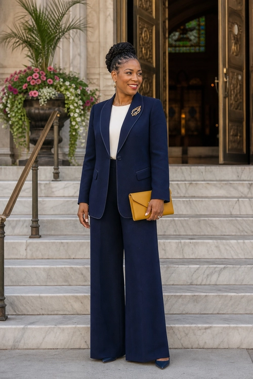 Navy Wide-Leg Suit A woman wears a navy blazer and matching wide-leg trousers over a white top, styled with a gold brooch, mustard clutch, and navy pointed-toe shoes.