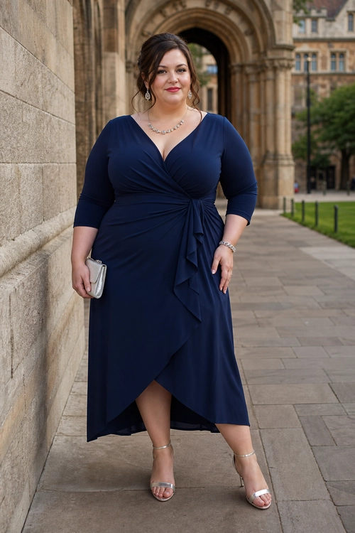 A woman wears a navy wrap dress with silver strappy heels, a metallic clutch, and delicate jewelry.