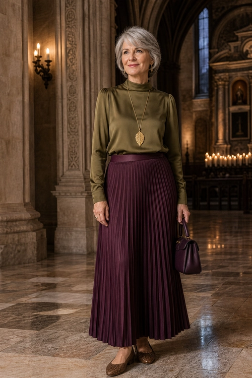 An elegant outfit featuring an olive green high-neck blouse, burgundy pleated skirt, pendant necklace, matching handbag, and brown flats.