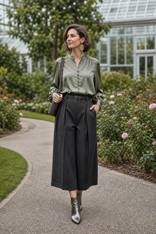 A woman wears an olive green button-front blouse with charcoal wide-leg culottes, a black belt, a shoulder bag, and metallic ankle boots on a garden path.