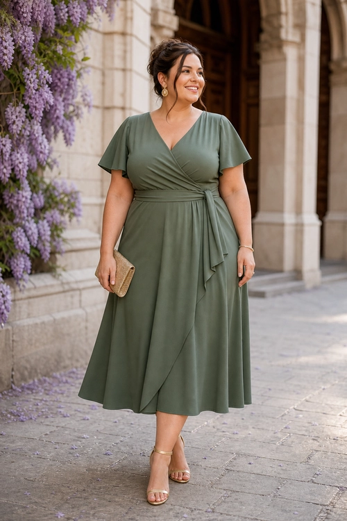A woman wearing an olive green wrap midi dress with flutter sleeves, a beige clutch, gold earrings, and strappy heeled sandals.