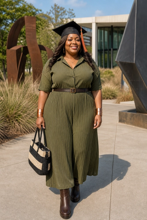 Olive Pleated Graduation Outfit A person wears an olive green pleated belted jumpsuit with brown ankle boots, a woven tote, and a graduation cap.