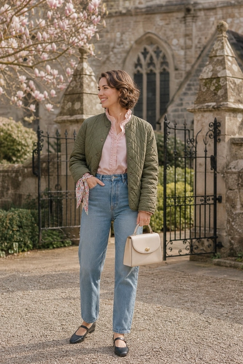 A woman wears an olive quilted jacket over a pale pink blouse with light blue jeans, black flats, a floral wrist scarf, and a beige handbag.