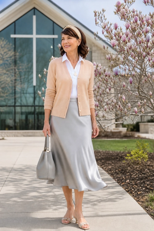 Woman wearing a peach cardigan over a white collared shirt with a gray satin midi skirt, headband, pendant necklace, handbag, and sandals.